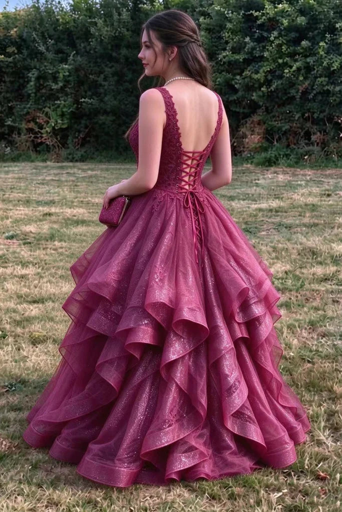 Long Maroon Formal Dress Lace V Neck Prom Dress Ruffles