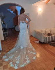 Mermaid Beach Lace Boho Wedding Dress UK Appliques Open Back Mychicdress