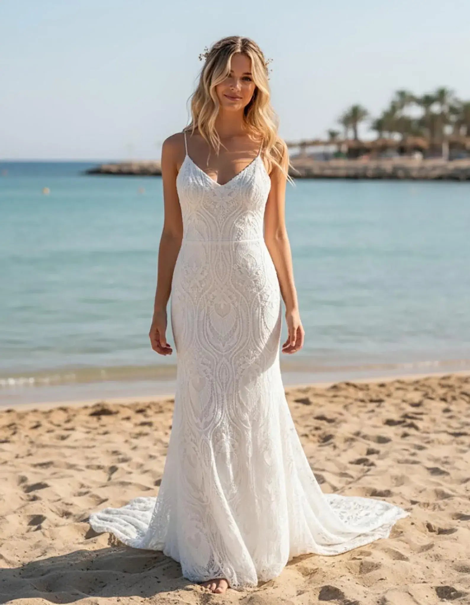 Mermaid Beach White Wedding Dress Summer Lace Boho Bridal Gown