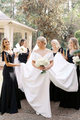 Mermaid Black Satin Bridesmaid Dress Straps Wedding Party with Bows
