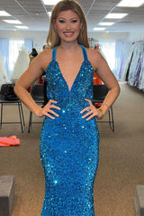 Mermaid Blue Formal Dresses Sequins V Neck Long Prom Dresses Mychicdress