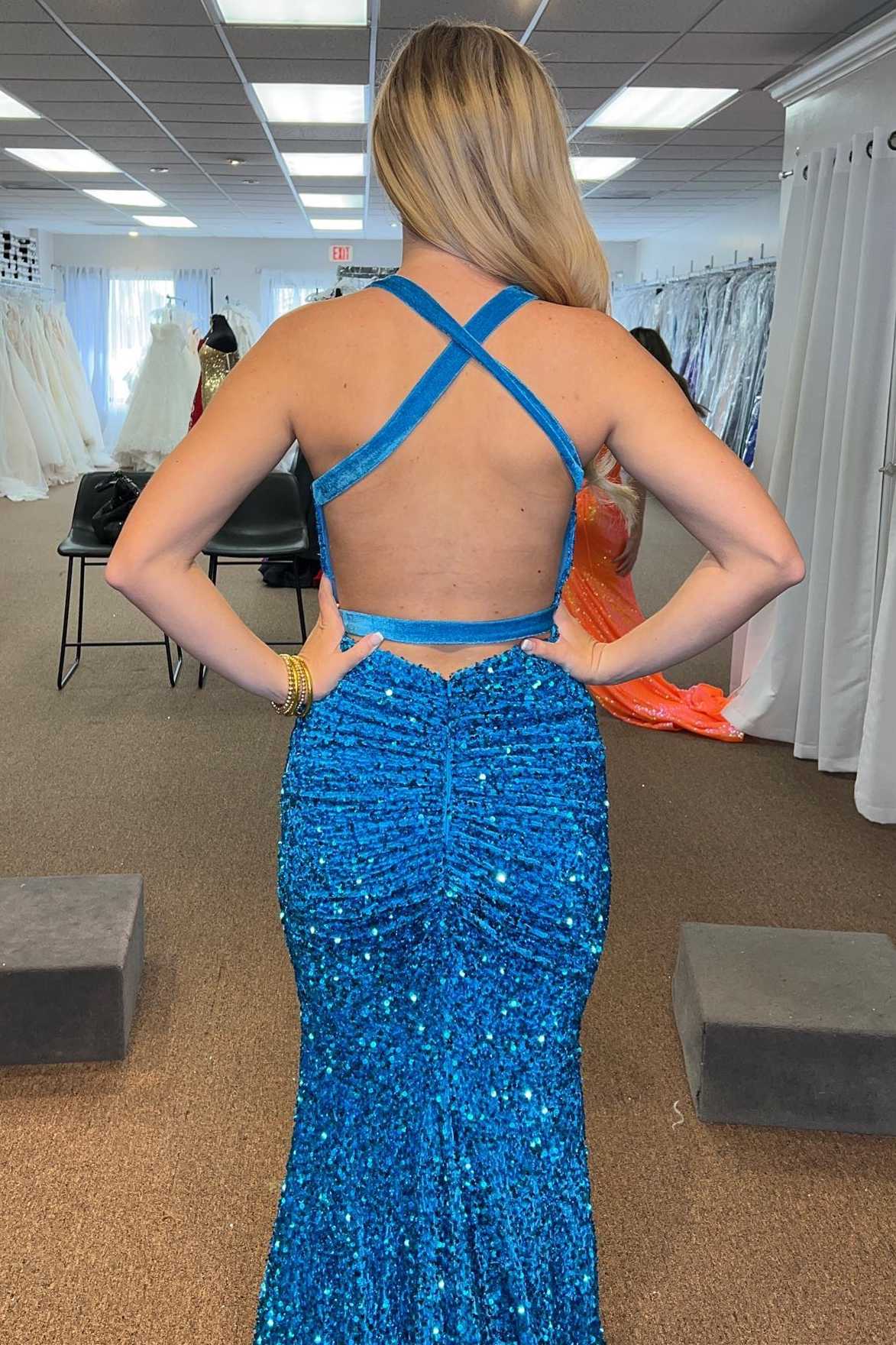 Mermaid Blue Formal Dresses Sequins V Neck Long Prom Dresses Mychicdress