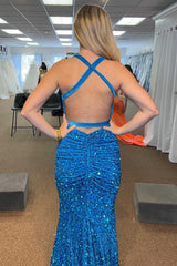 Mermaid Blue Formal Dresses Sequins V Neck Long Prom Dresses Mychicdress