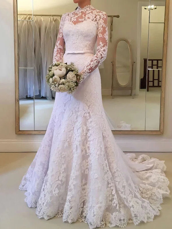 Mermaid High Neck Lace Wedding Dresses Beach Long Sleeves for Brides