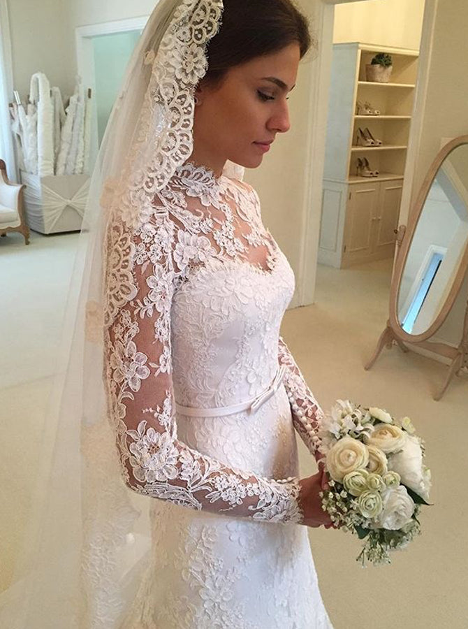 Mermaid High Neck Lace Wedding Dresses Beach Long Sleeves for Brides