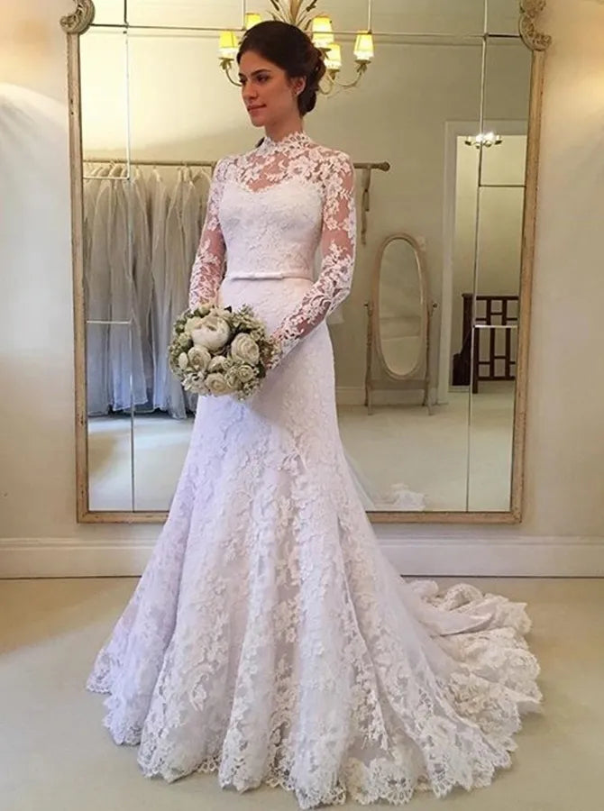 Mermaid High Neck Lace Wedding Dresses Beach Long Sleeves for Brides