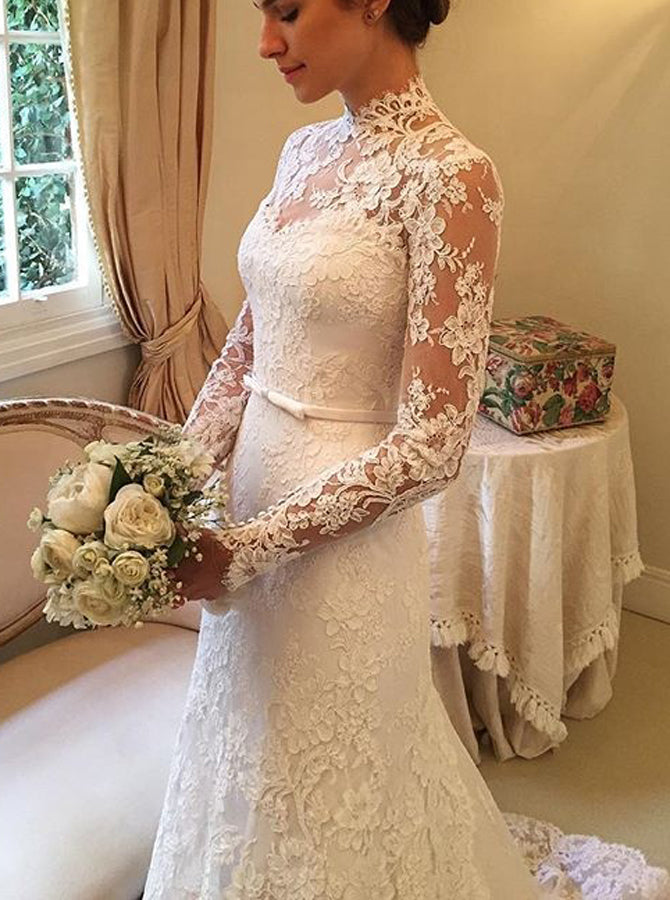 Mermaid High Neck Lace Wedding Dresses Beach Long Sleeves for Brides