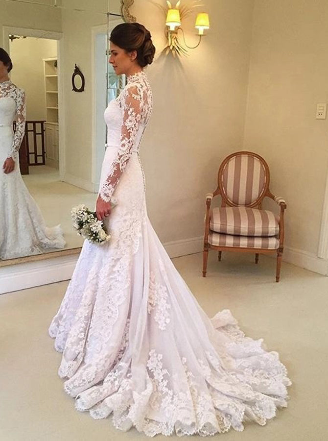 Mermaid High Neck Lace Wedding Dresses Beach Long Sleeves for Brides