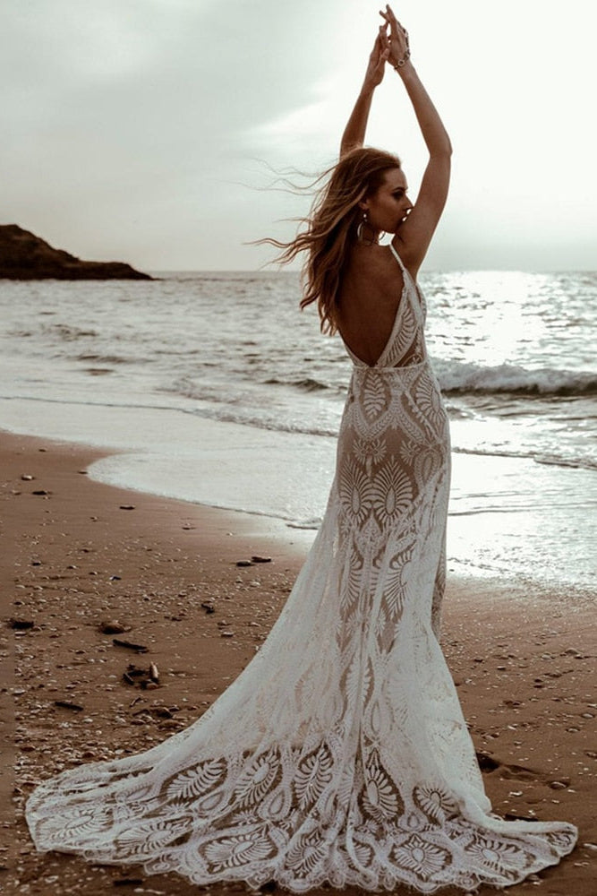 Mermaid Lace Beach Wedding Dress Deep V-Neck Boho Bridal Gown Mychicdress