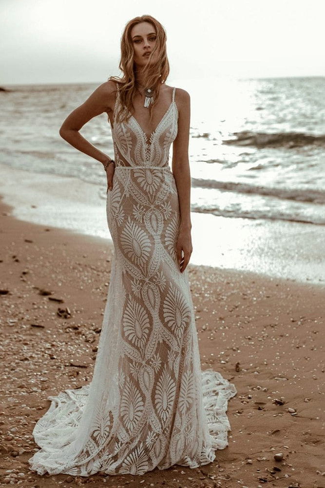 Mychicdress Mermaid Lace Beach Wedding Dress Deep V-Neck Boho Bridal Gown