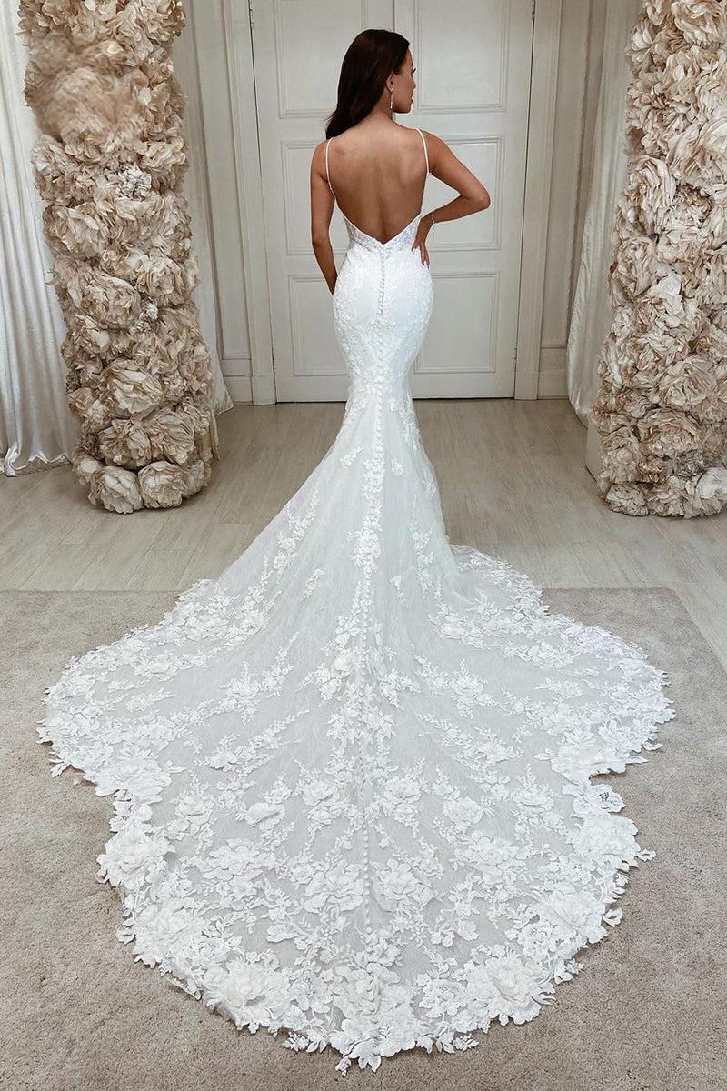 Mermaid Lace Wedding Dress Plunging Deep V Neck Applique Train