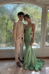 Mermaid Long Green Evening Dress Straps Satin Prom Dress UK Mychicdress