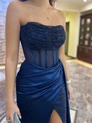 Mermaid Navy Blue Formal Dress Strapless Sequins with High Slit