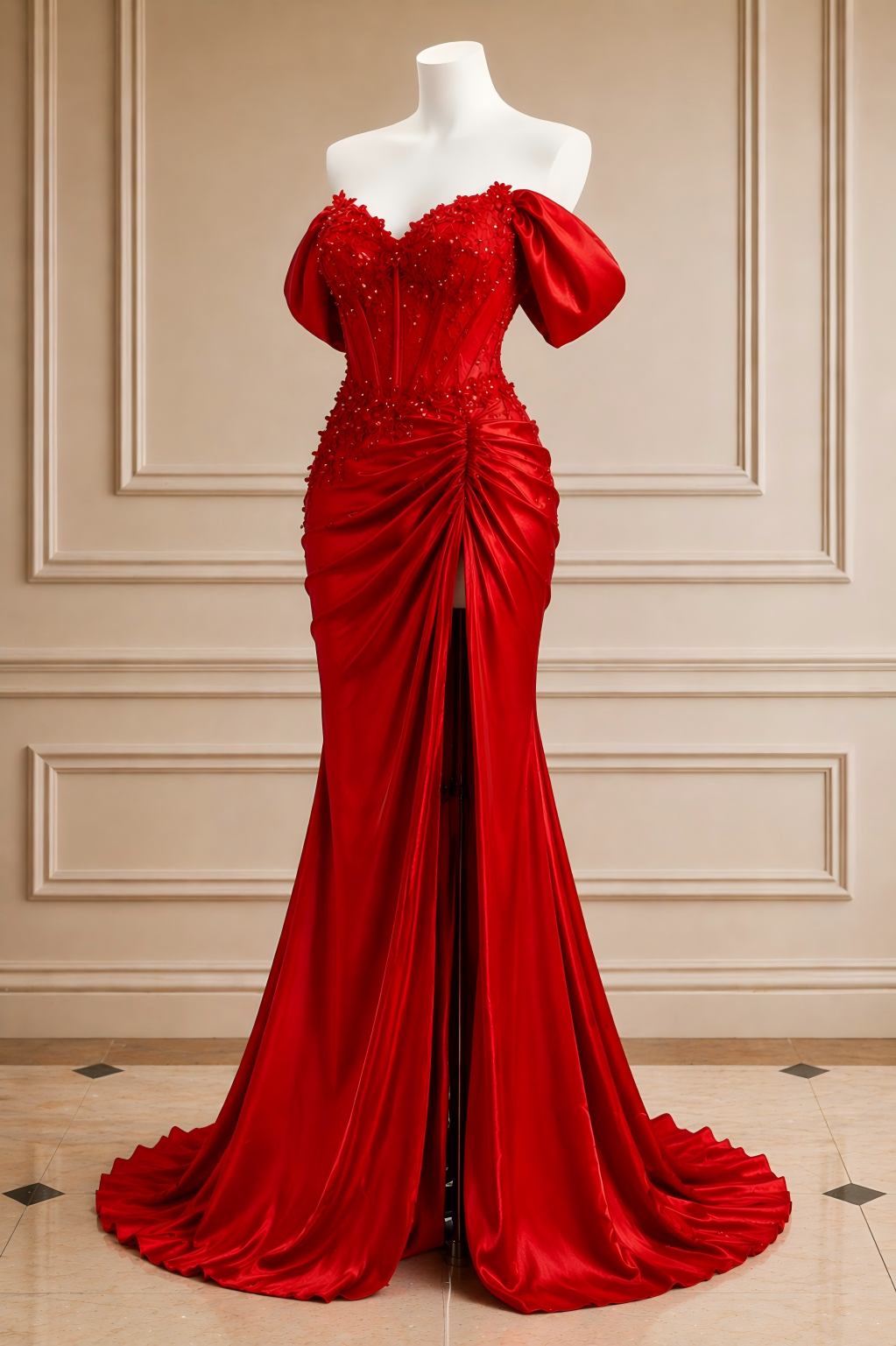 Mermaid Red Corset Satin Evening Gown Off Shoulder Slit