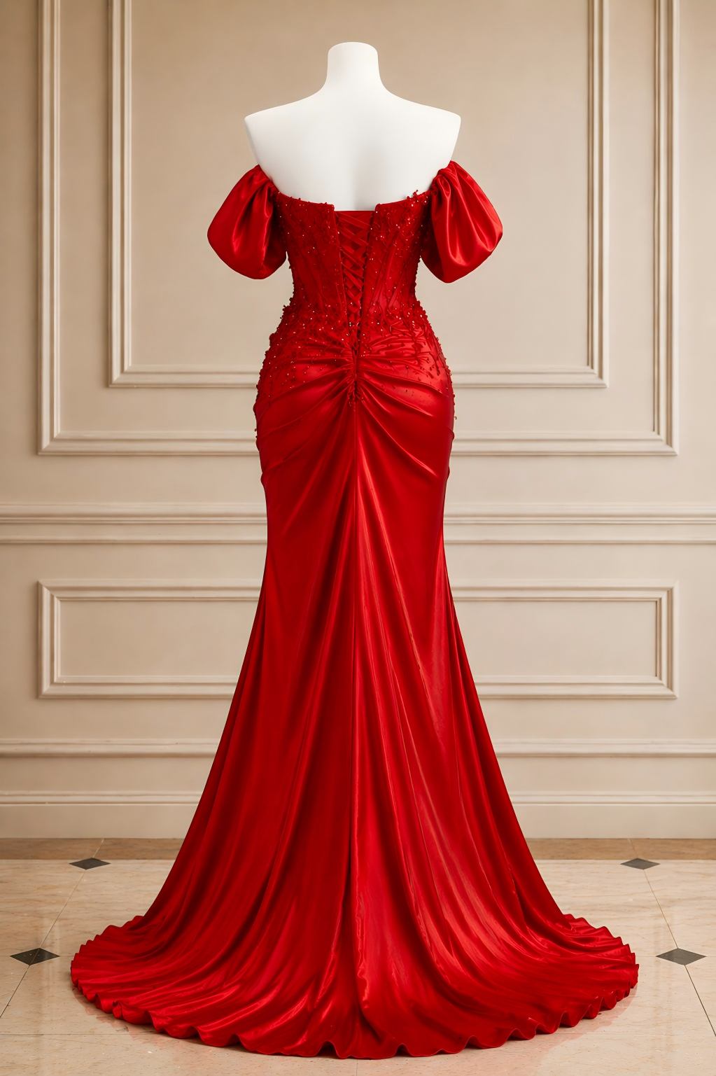 Mermaid Red Corset Satin Evening Gown Off Shoulder Slit