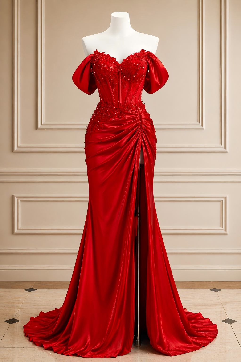 Mermaid Red Corset Satin Evening Gown Off Shoulder Slit