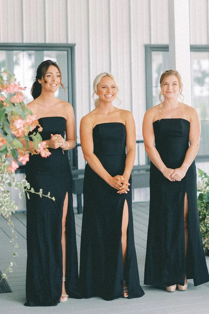 Mermaid Strapless Bridesmaid Dress Black Satin Sleeveless with Slit