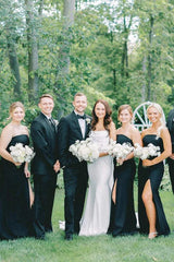 Mermaid Strapless Bridesmaid Dress Black Satin Sleeveless with Slit