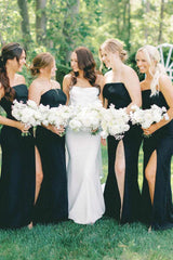 Mermaid Strapless Bridesmaid Dress Black Satin Sleeveless with Slit