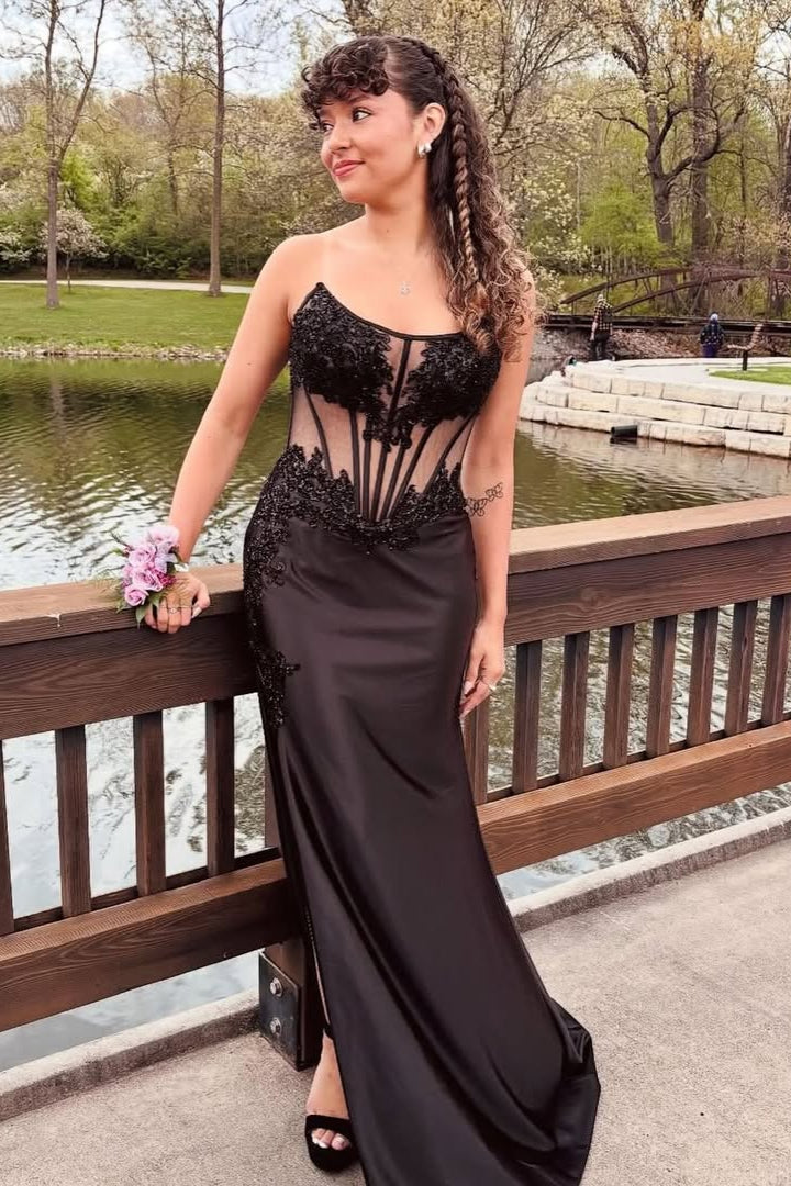 Mermaid Strapless Corset Prom Dress For Black Girls Bateau Sheer Empire