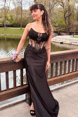 Mermaid Strapless Corset Prom Dress For Black Girls Bateau Sheer Empire