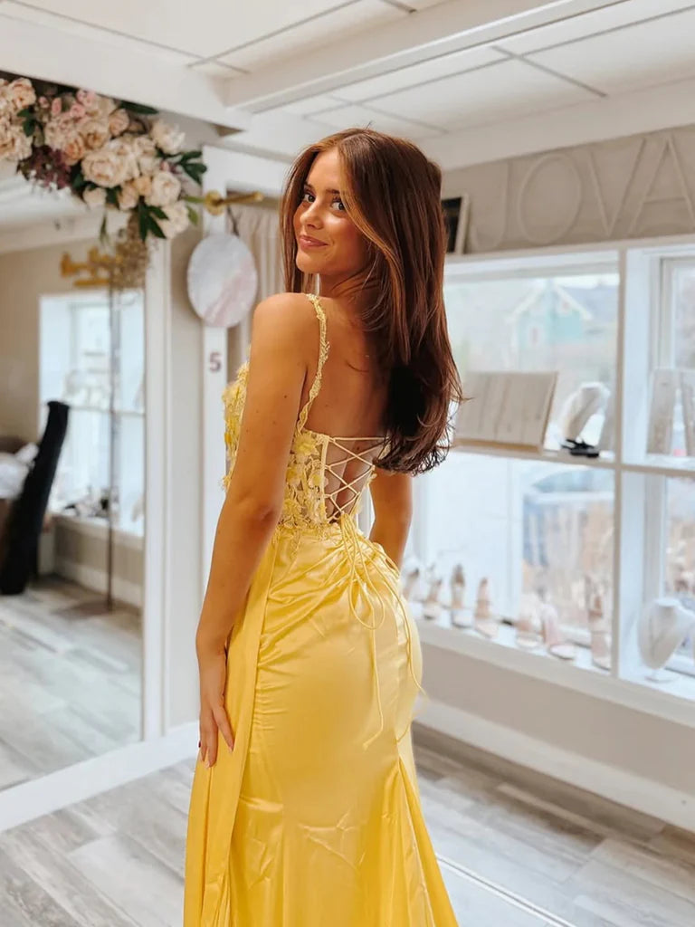 Mermaid Yellow Lace Evening Dresses