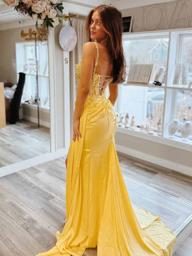 Vestido formal de sirena con encaje amarillo y escote en V, vestidos d MyChicDress Vestido formal de sirena con encaje amarillo y escote en V, vestidos d MyChicDress