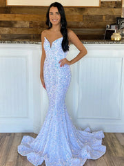 Long Red Sequins Prom Dresses Mermaid Strapless Formal Dress - MyChicDress
