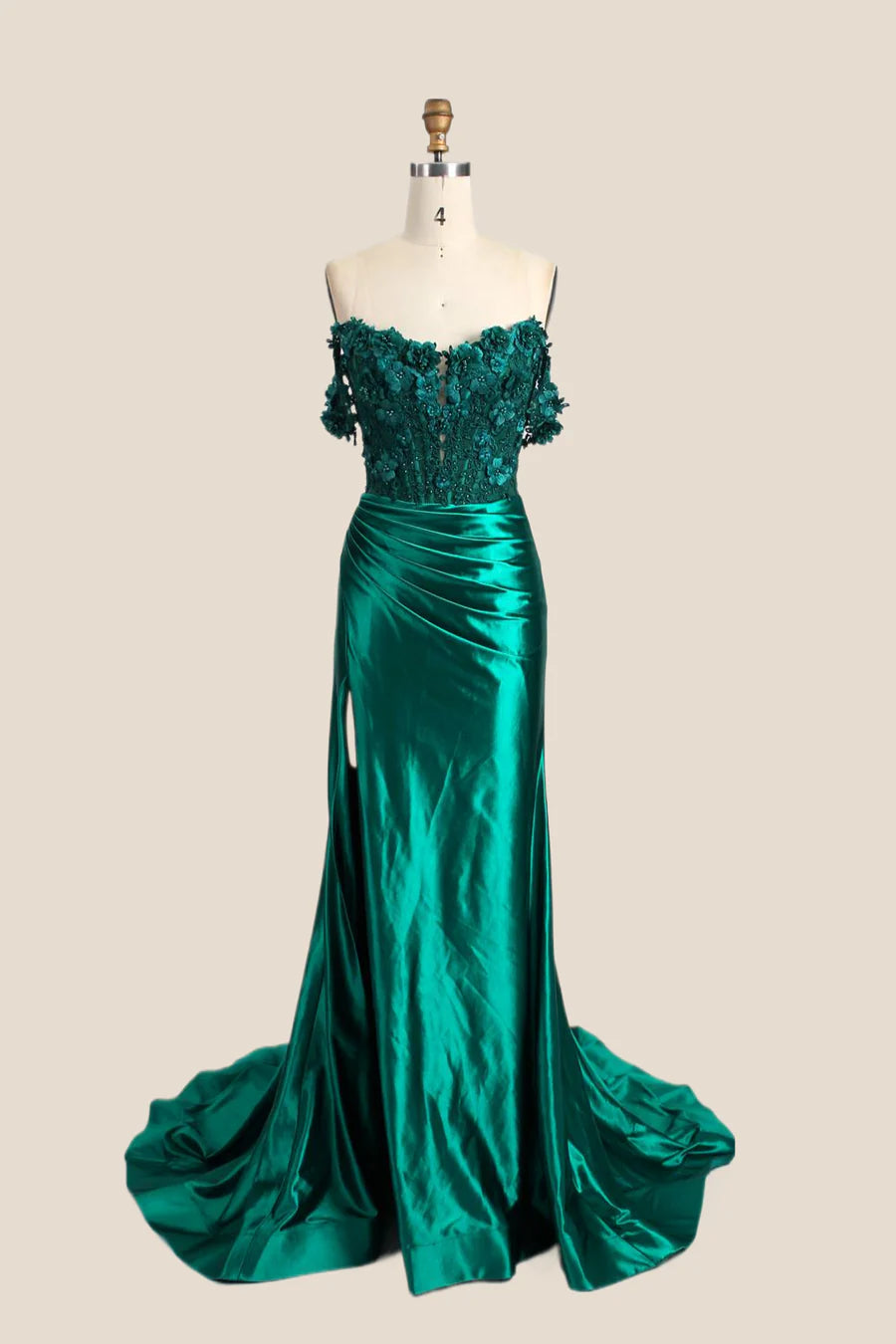 green Corset Prom Dress Satin Off the Shoulder Mermaid Mychicdress