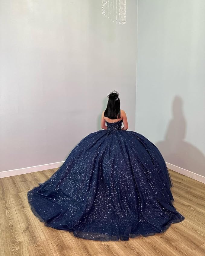 Metallic Ball Gown Navy Blue Quinceanera Dresses Strapless Beaded