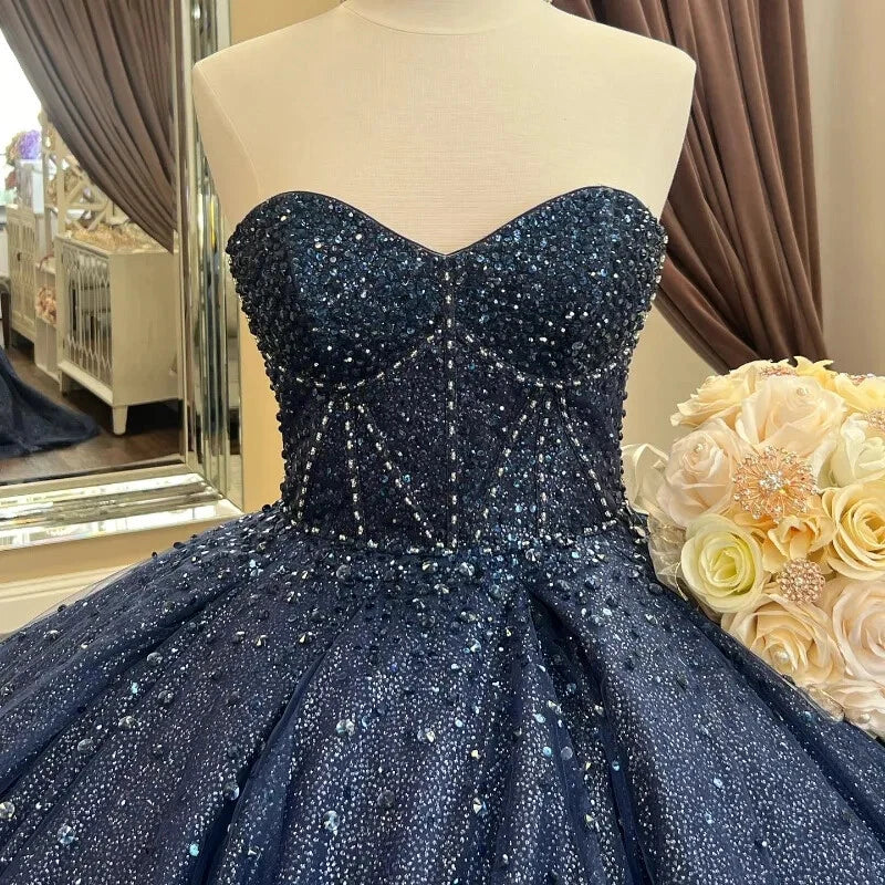Metallic Ball Gown Navy Blue Quinceanera Dresses Strapless Beaded