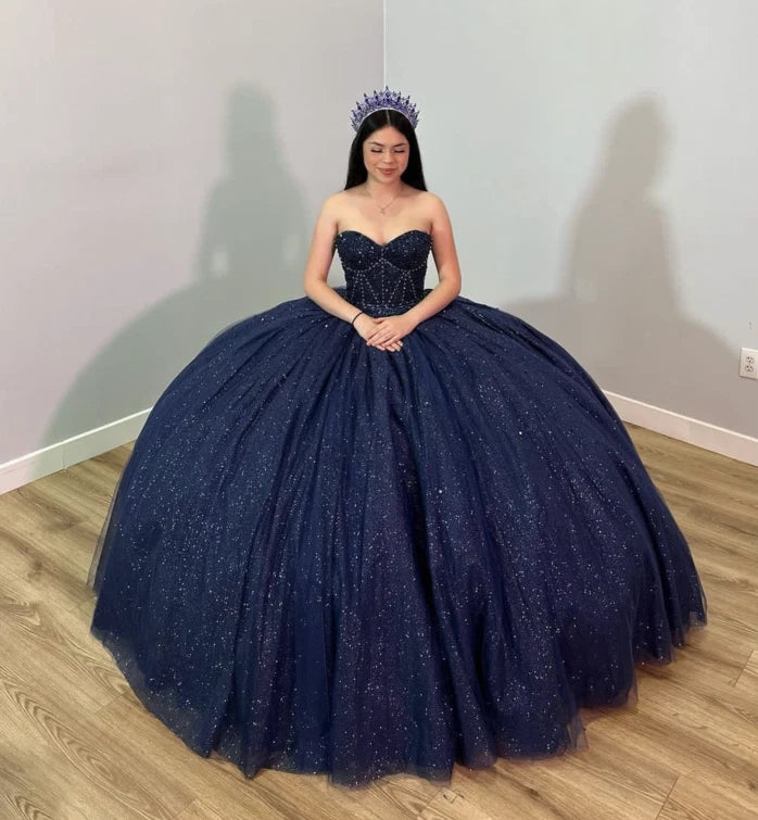 Metallic Ball Gown Navy Blue Quinceanera Dresses Strapless Beaded