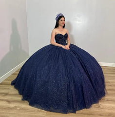 Metallic Ball Gown Navy Blue Quinceanera Dresses Strapless Beaded