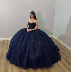 Metallic Ball Gown Navy Blue Quinceanera Dresses Strapless Beaded