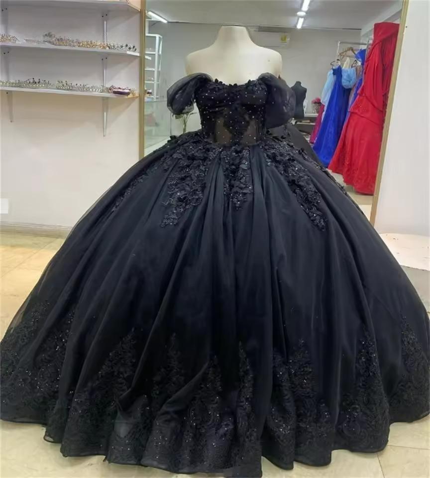 Mexican Black Corset Quinceanera Dresses Off the Shoulder Tulle Clock Applique