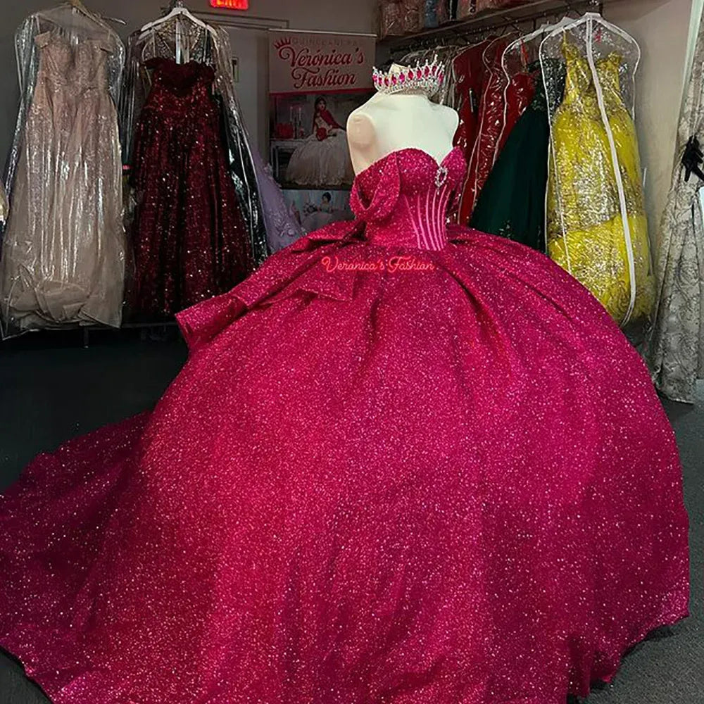 Mexican Hot Pink Quinceanera Dress Princess Ball Gown Glitter 16 Dress Mychicdress