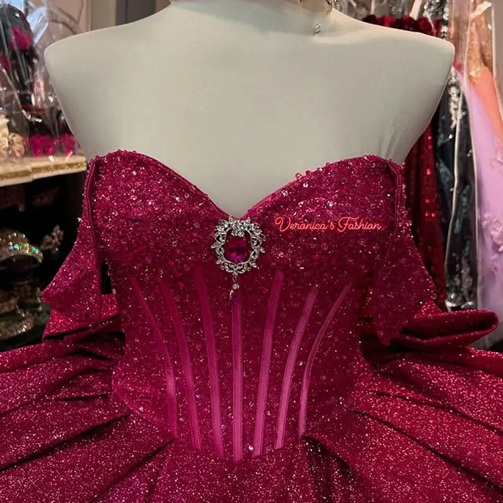 Mexican red Quinceanera Dress Princess Ball Gown Glitter 16 Dress Mychicdress