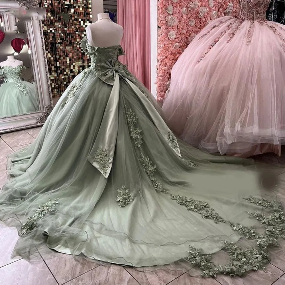 Mexican Sweet 16 Dresses Sage Green Puffy Quinceanera Dresses Ball Gown