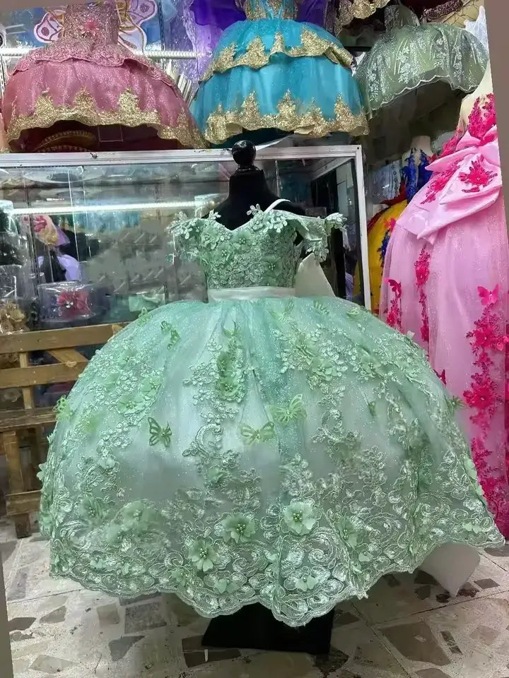 Ball Gown Long Sleeve Flower Girl Dress with 3D Floral Butterfly Appliqué