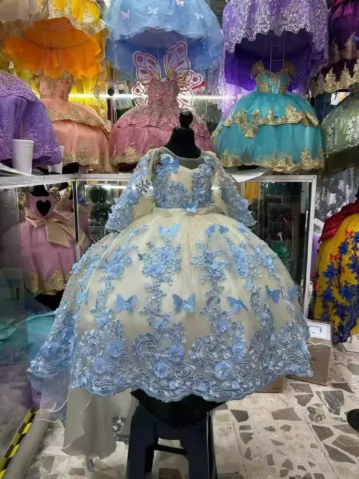 Ball Gown Long Sleeve Flower Girl Dress with 3D Floral Butterfly Appliqué