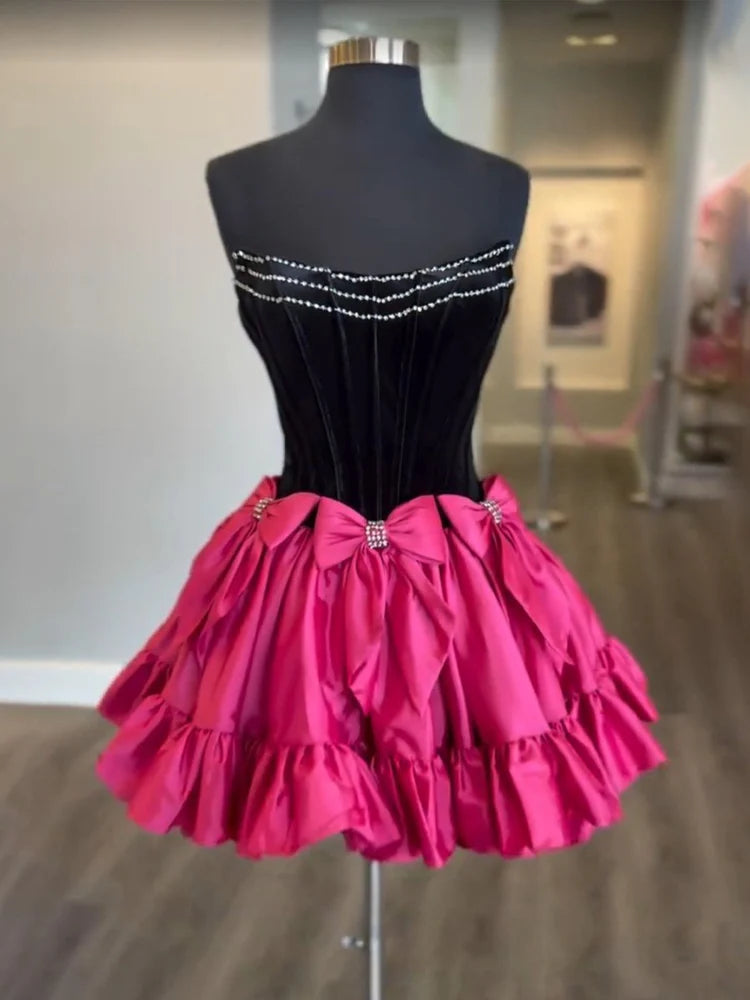 Mini Strapless Velvet Black Corset Homecoming Dresses With Bow