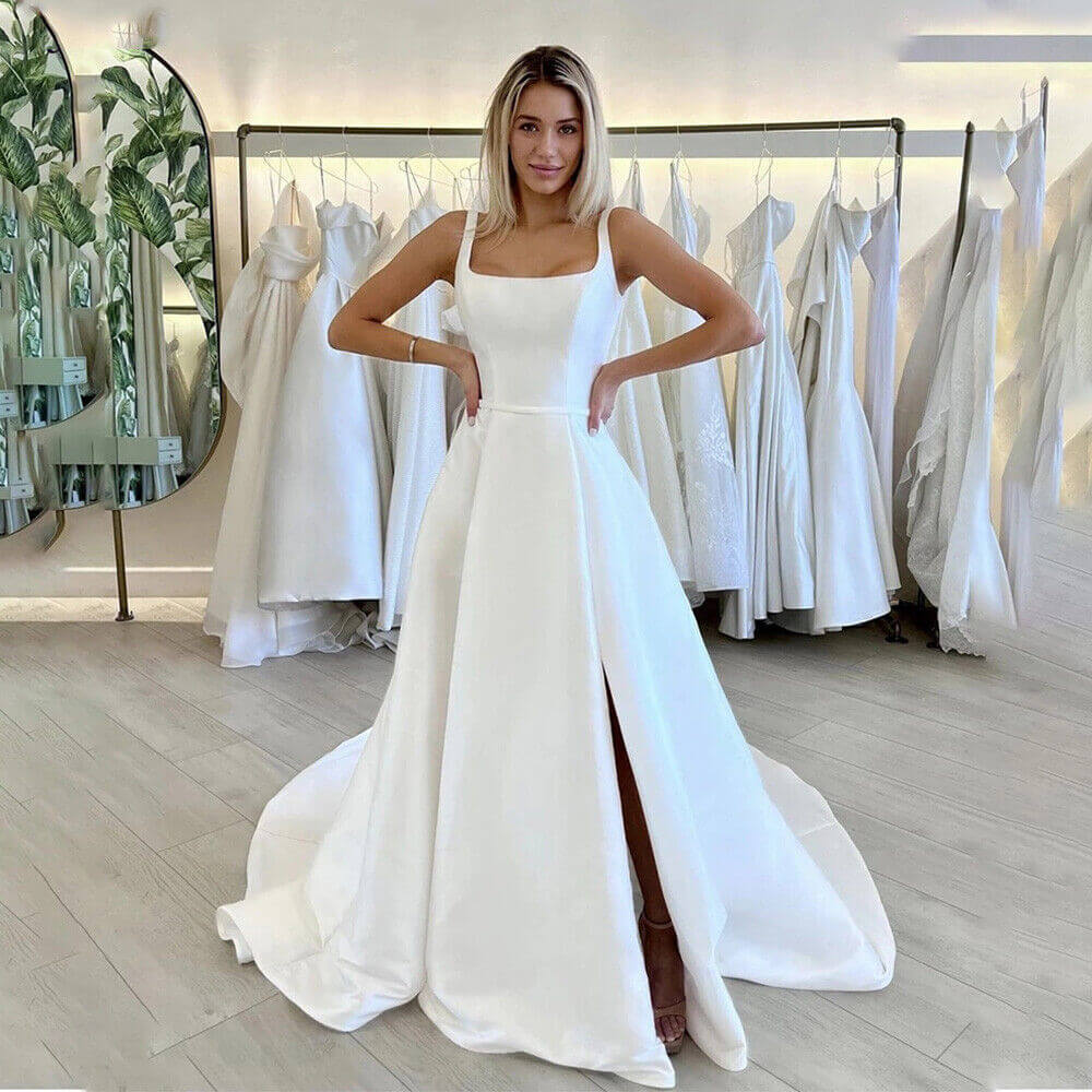 Minimalist Square Neck Wedding Dresses Satin with Side Split