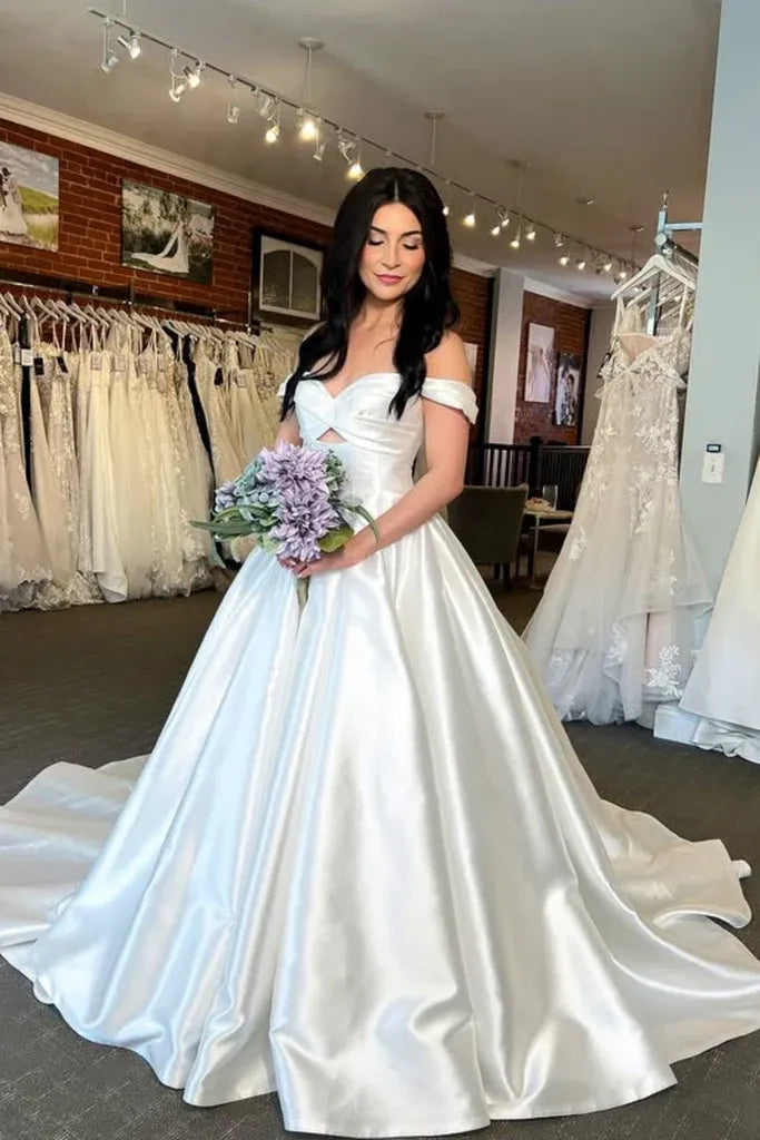 Minimalist White Country Wedding Dresses Satin Off-the-Shoulder with Pockets