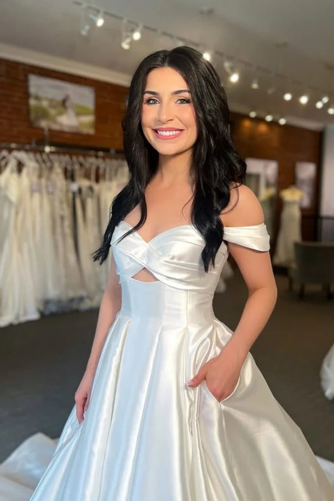 Minimalist White Country Wedding Dresses Satin Off-the-Shoulder with Pockets