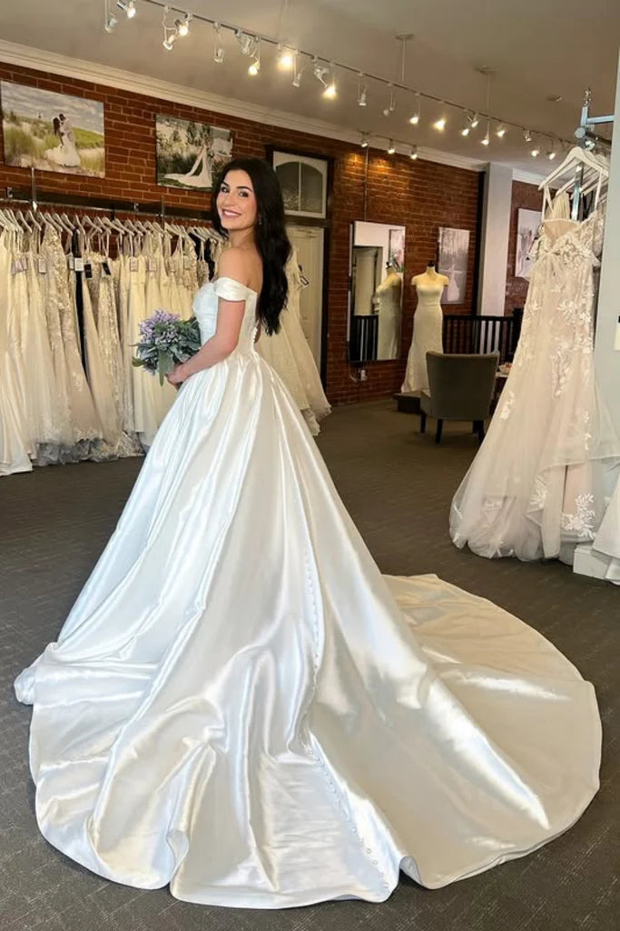 Minimalist White Country Wedding Dresses Satin Off-the-Shoulder with Pockets