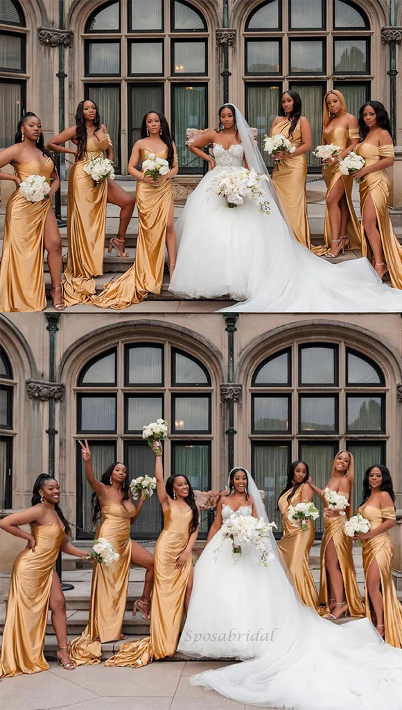 Mismatched Mermaid Champange Gold Bridesmaid Dress Slit Mychicdress