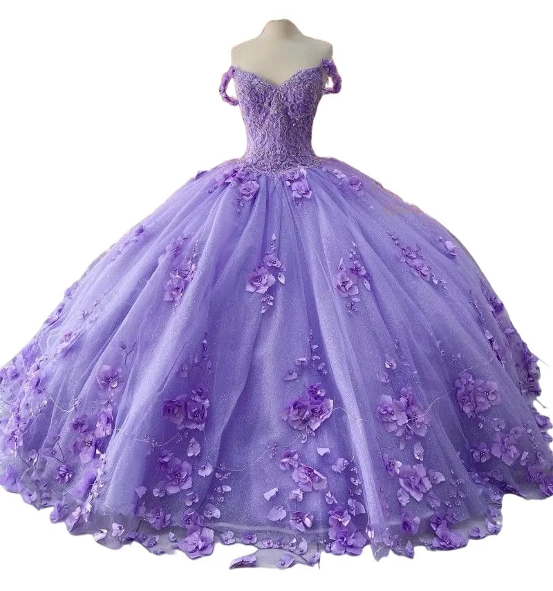 Modern Lavender Quinceanera Dresses 3D Flowers Off the Shoulder