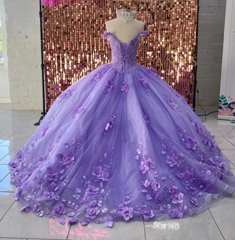 Modern Lavender Quinceanera Dresses 3D Flowers Off the Shoulder
