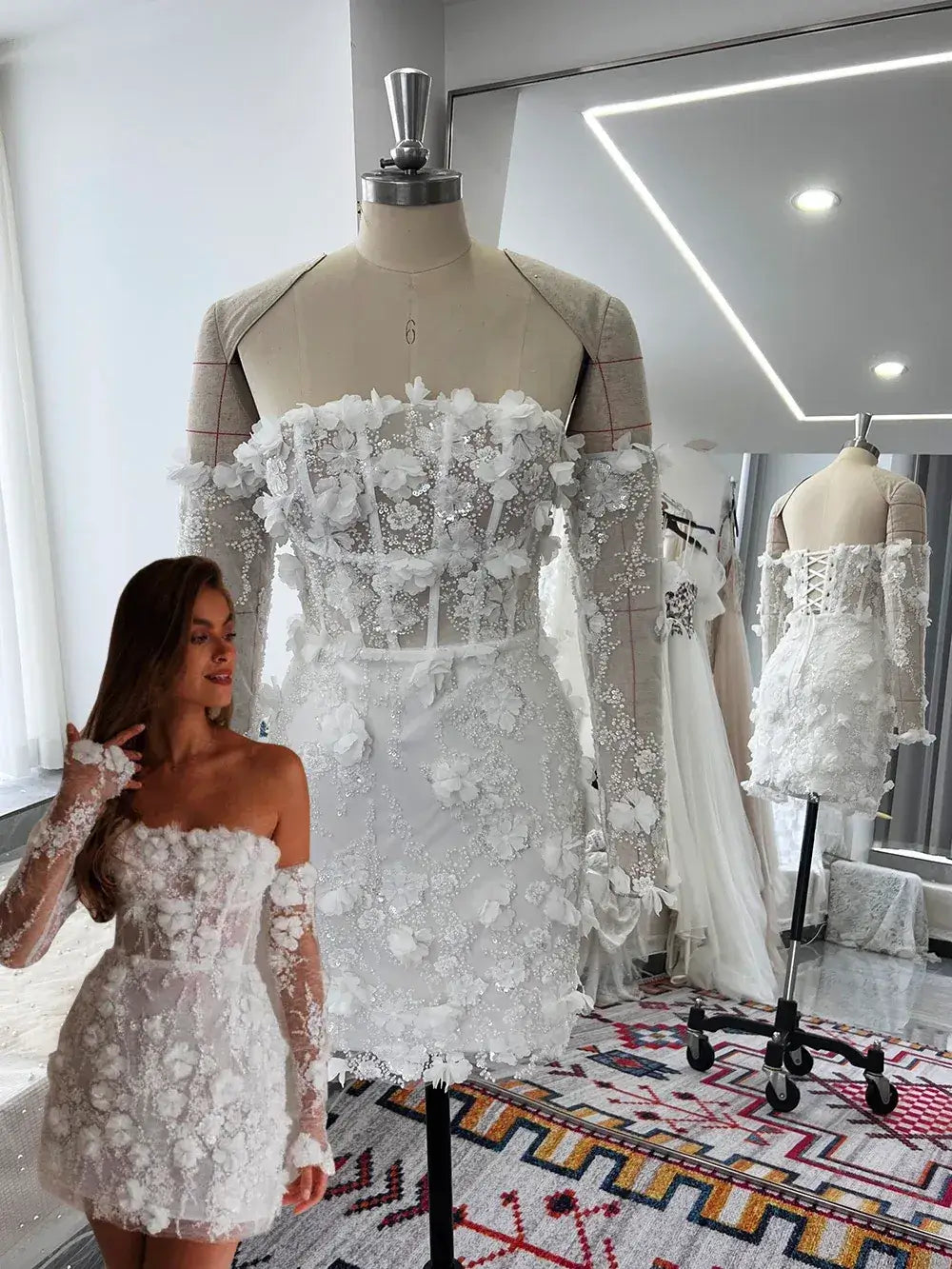 Vestido de novia corto moderno con encaje floral y cuentas