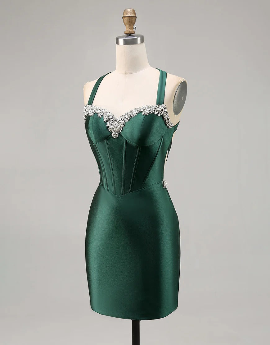 Modest Dark Green Homecoming Dress Short Beaded Corset